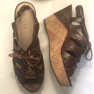 Guess Platform Wedge Lace-Up Sandals, Brown, 9M